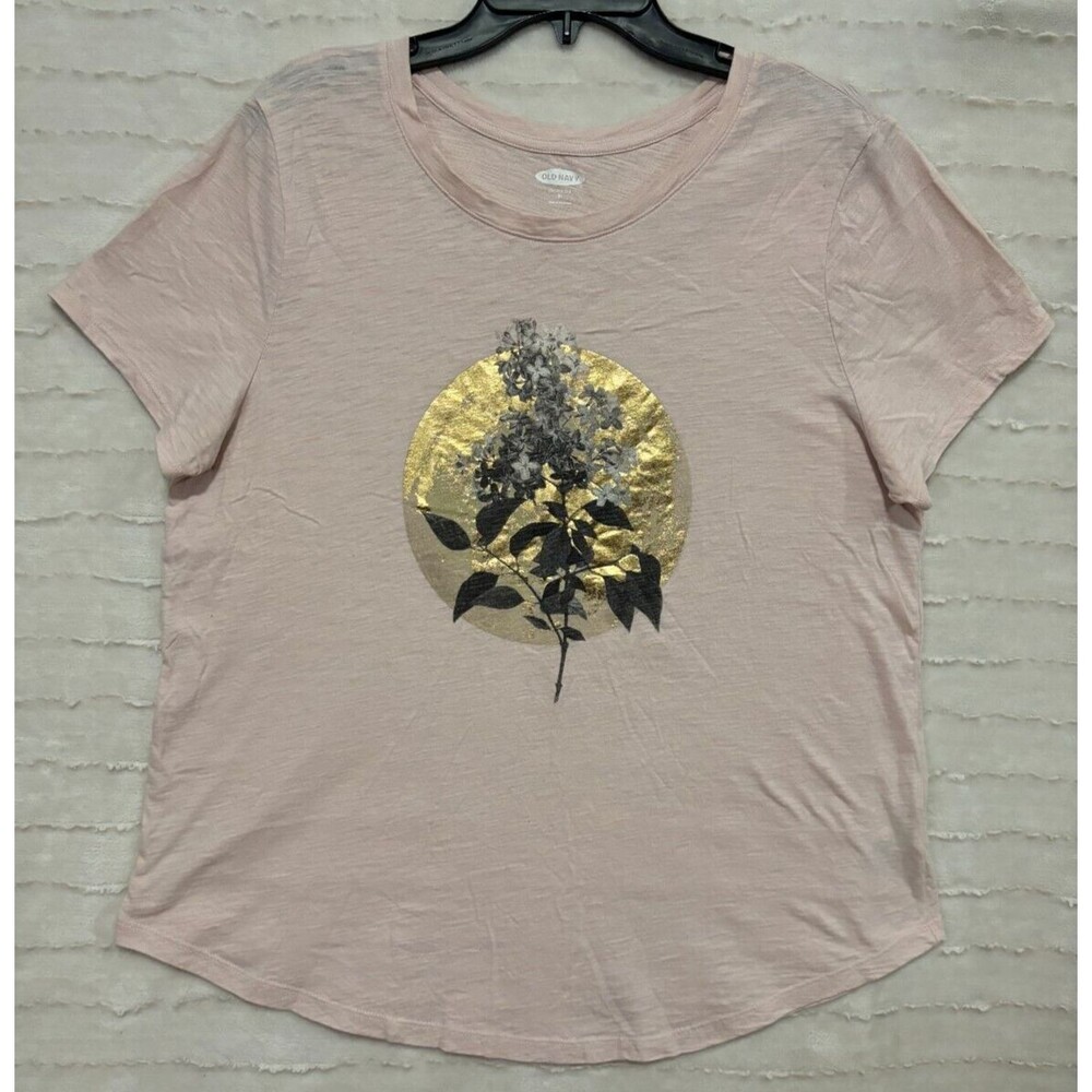 Old Navy Gold Floral Stem Tee, Shirt, Blouse, XL, Women’s Clothing, Pale Pink